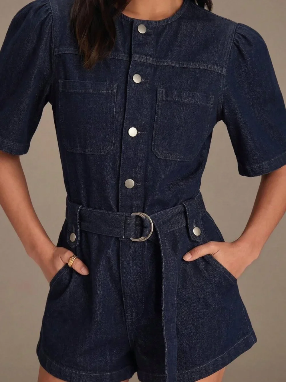 Navy Blue Casual Women's Denim Short Sleeve Jumpsuit romper